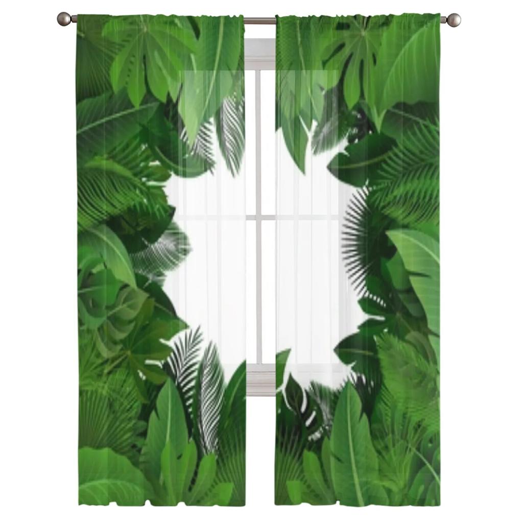 Tropical Leaves Sheer Curtains For Living Room Window Transparent Voile Tulle Curtain Bedroom Drapes Home Decor