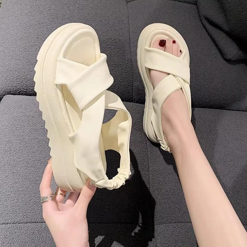 Fashion Women's Sandals Casual 2025 Summer Straight Buckle Open Toe Rubber Sole PU Solid Beach Fashion Sandals Women Sandalias Mujer