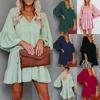 Loose Fit V Neck Dress with Flared Bell Sleeves Tie Tassel Detail Ruffle Hem Solid Color Patchwork Design