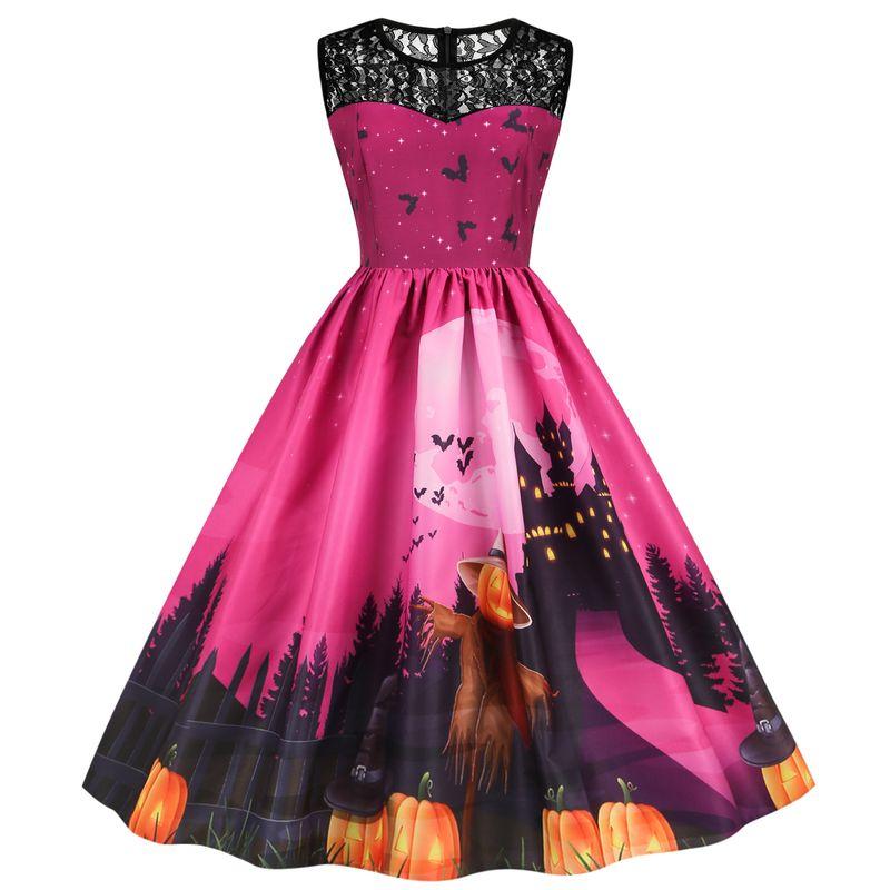 Fashion Halloween round Neck Lace Patchwork Pumpkin Cartoon Print Silm Sleeveless Swing Dress Female Dress
