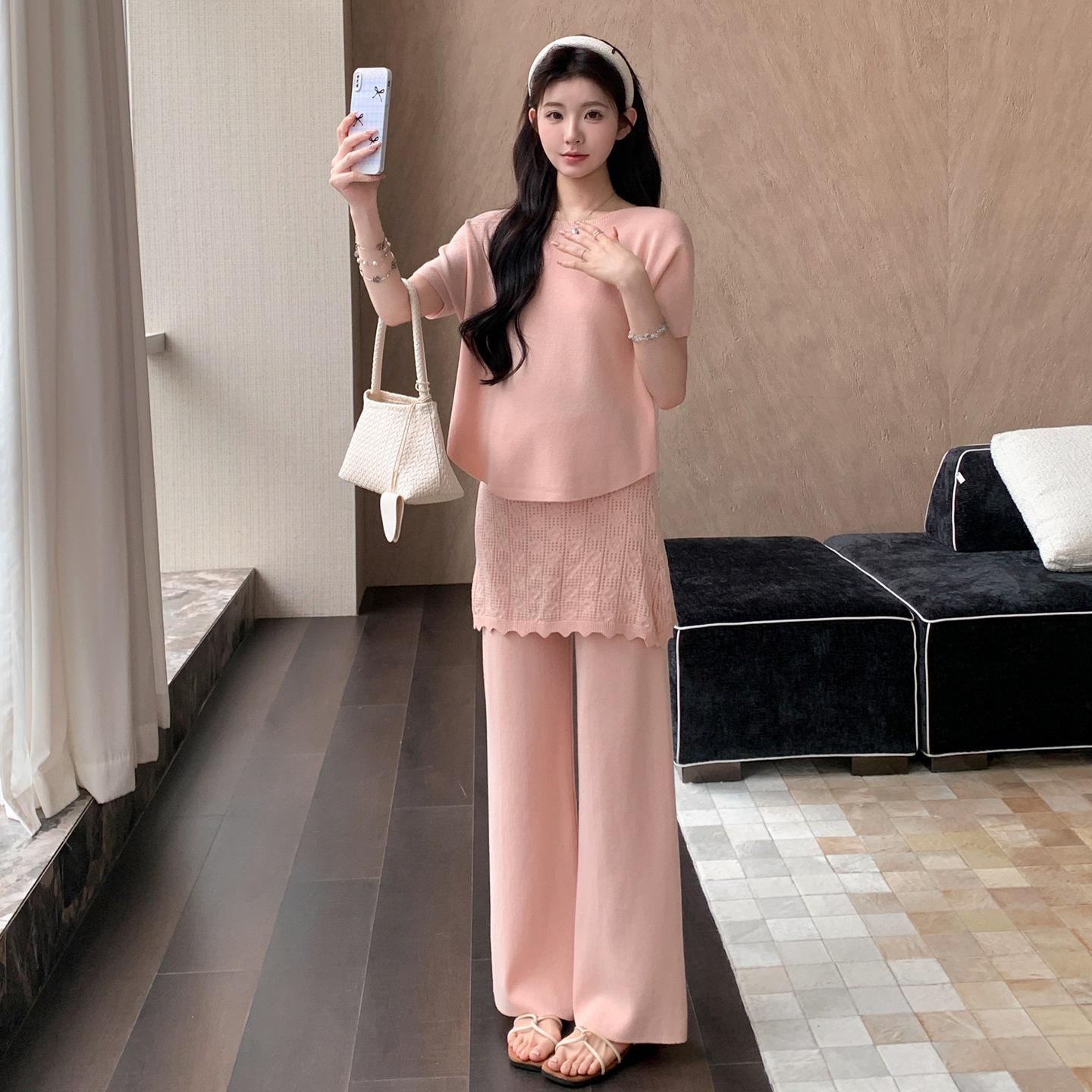 2026 Summer Maternity Knit Batwing Sleeve Patchwork Skirt and Top Set - Korean Style Loose Fit XL