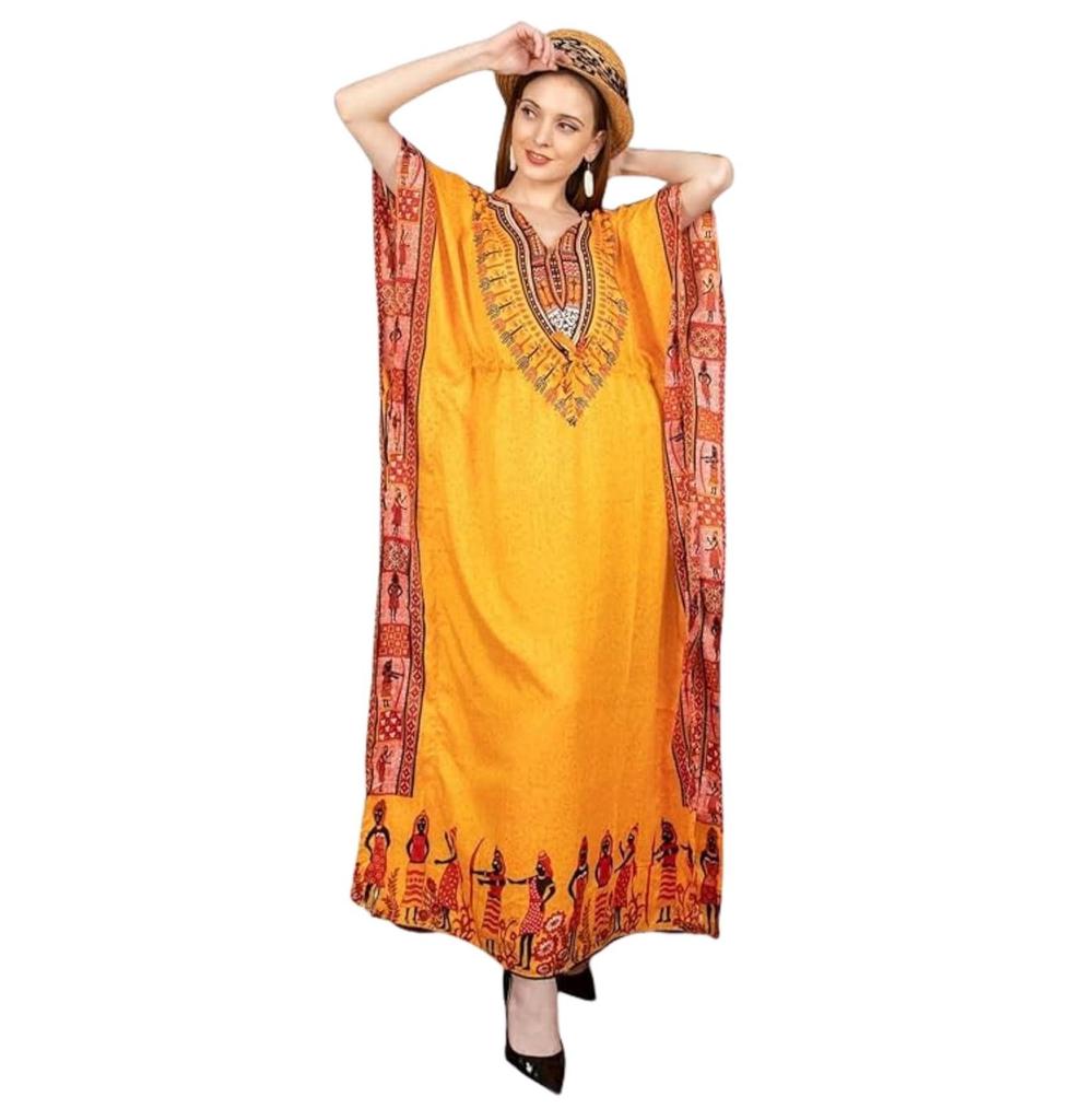 TreegoArt Fashion Women's Polyester Long African Kaftan Caftan Printed Adjustable Boho Dress Nightwear Maxi Gown