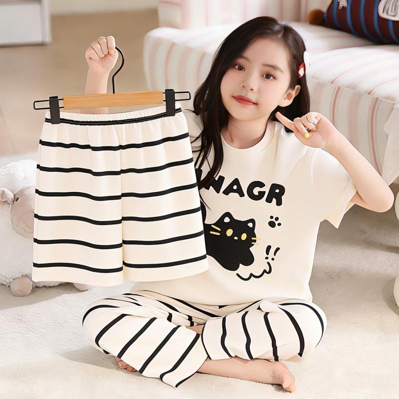 2026 Cotton Pajama Set Girls Short Sleeve Thin Sleepwear Sweet Cartoon Print Kids Home Outfit