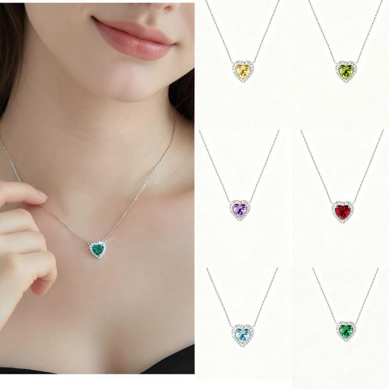 S925 Sterling Silver Heart-Shaped Gemstone Pendant Necklace with Citrine, Amethyst, Garnet, and Topaz.