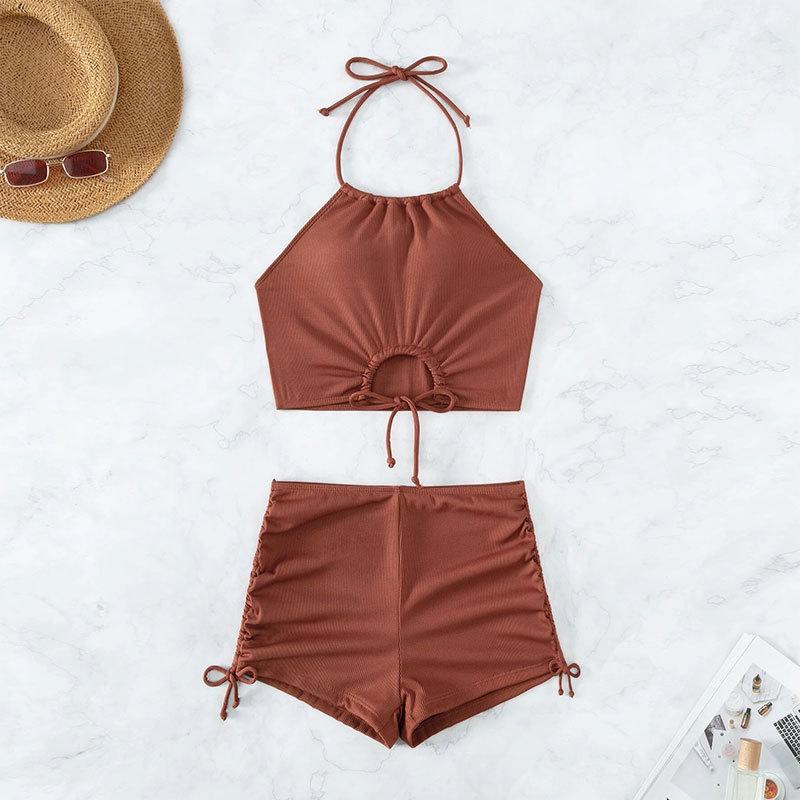 New high-waisted suspender straps split swimsuit women's summer flat angle sports beach bikini