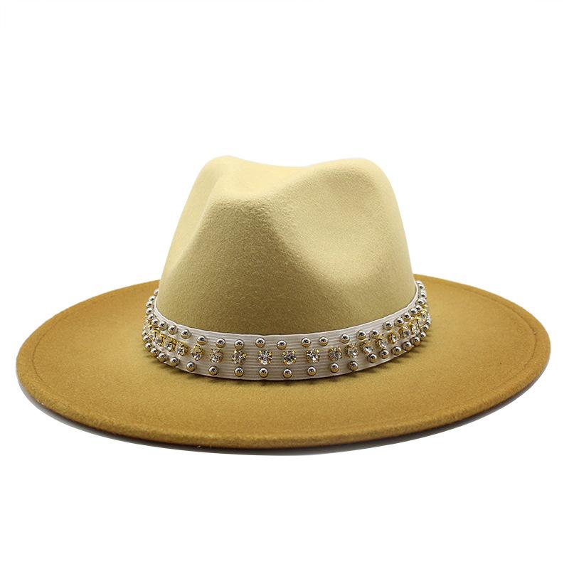 Hat Gradual Change Color Pearl Woolen Hat British Style Jazz Hat Big Brim Hat Ladies Top Hat