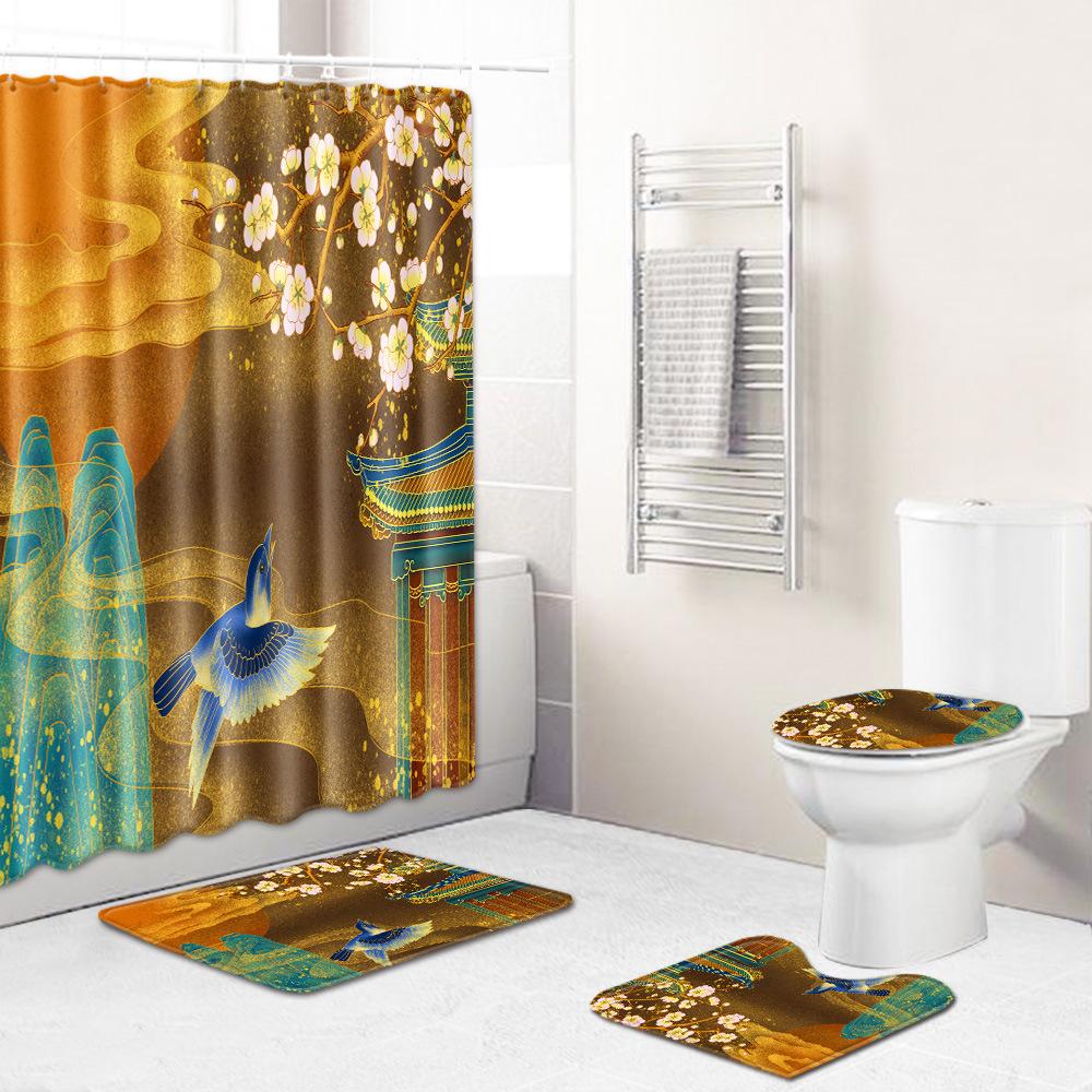 Chinese Antique Bronzing Night Flower Bathroom Floor Mat Shower Curtain Combination Floor Mat Support