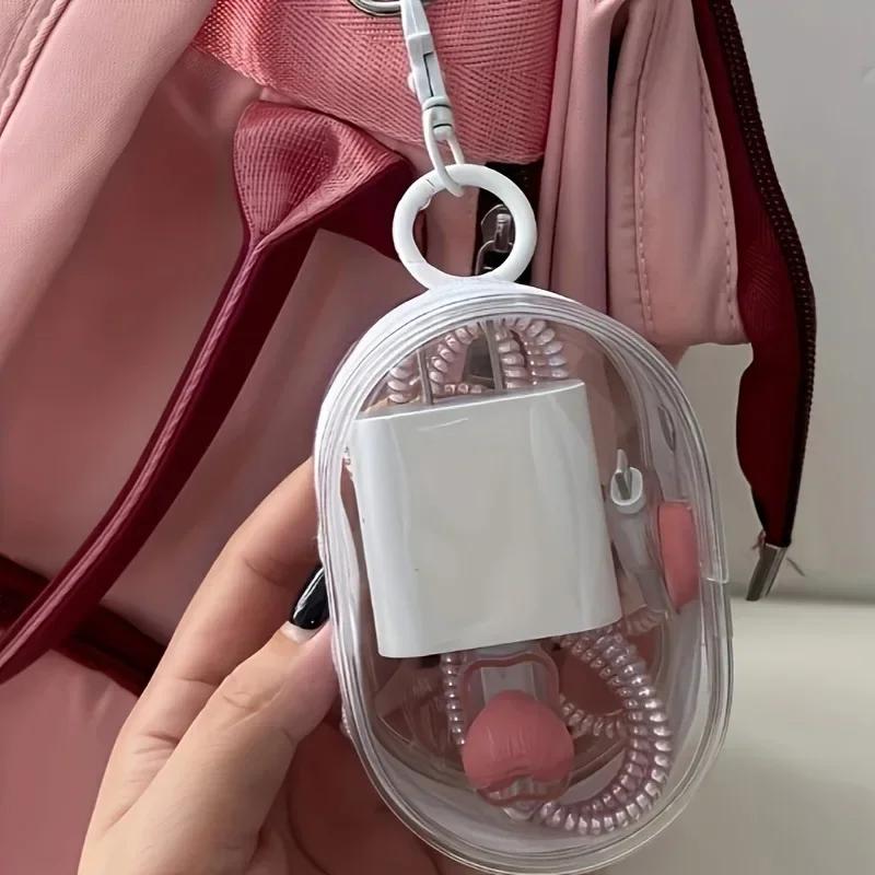 1pc Cute Mini Transparent Plastic Cable Organizer Box with Keychain-Portable & Space-Saving Design for Cables,Chargers,Earphones