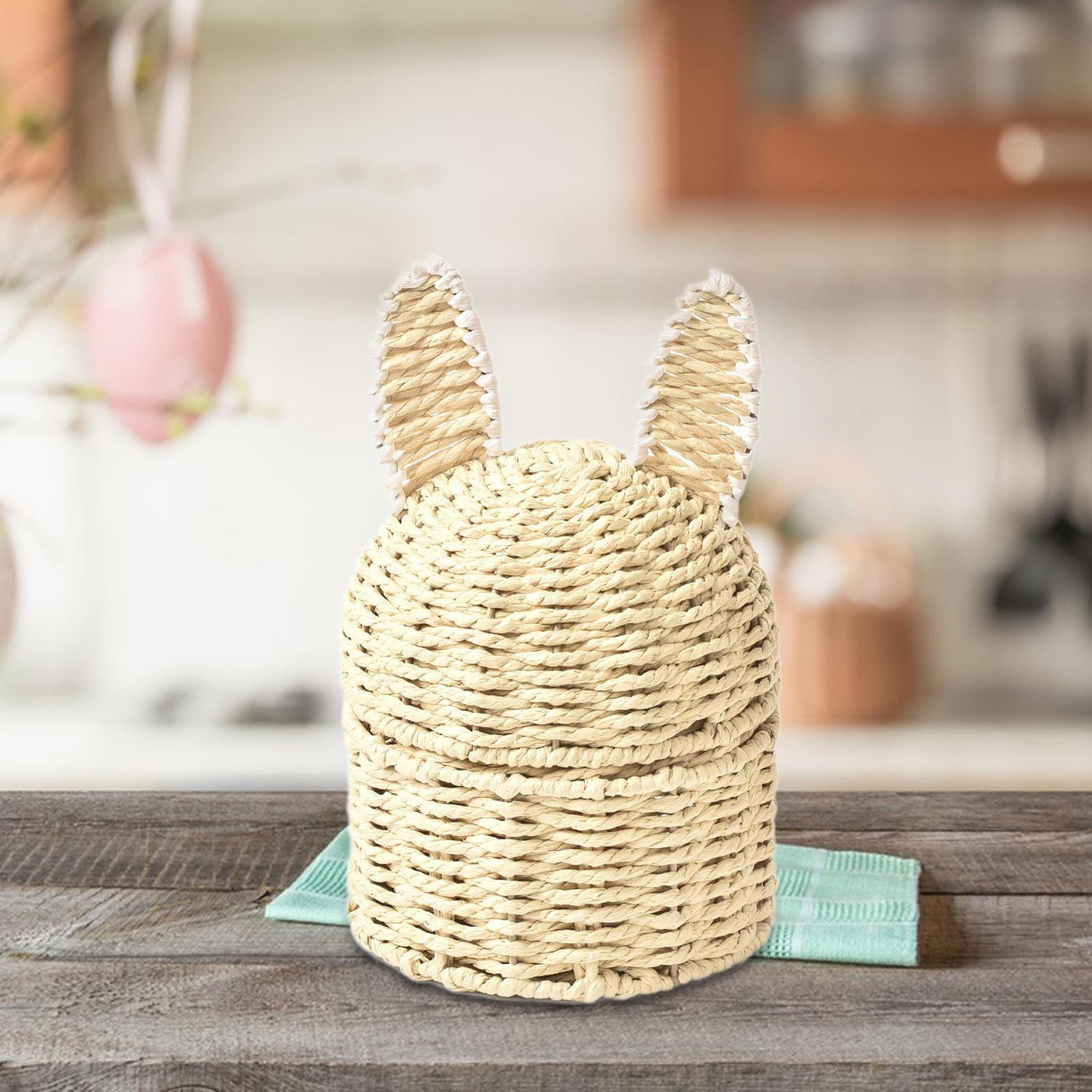 

Handwoven Storage Basket Cartoon for Kids Ornament Bin Creative Lidded Toy Box Paper Rope White Ear