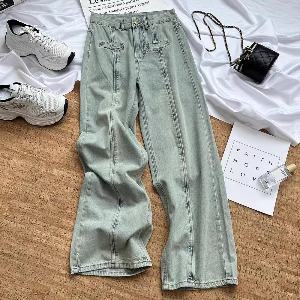 

Весна 2025 Женские Приталенные Джинсы Прямого Кроя в Стиле Хай-стрит - Модные Повседневные Брюки в Гонконгском Стиле S