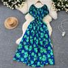 Retro Off Shoulder Dress Puff Sleeve Print Beach Vacation Women Korean Fashion Summer Vestidos Dresses