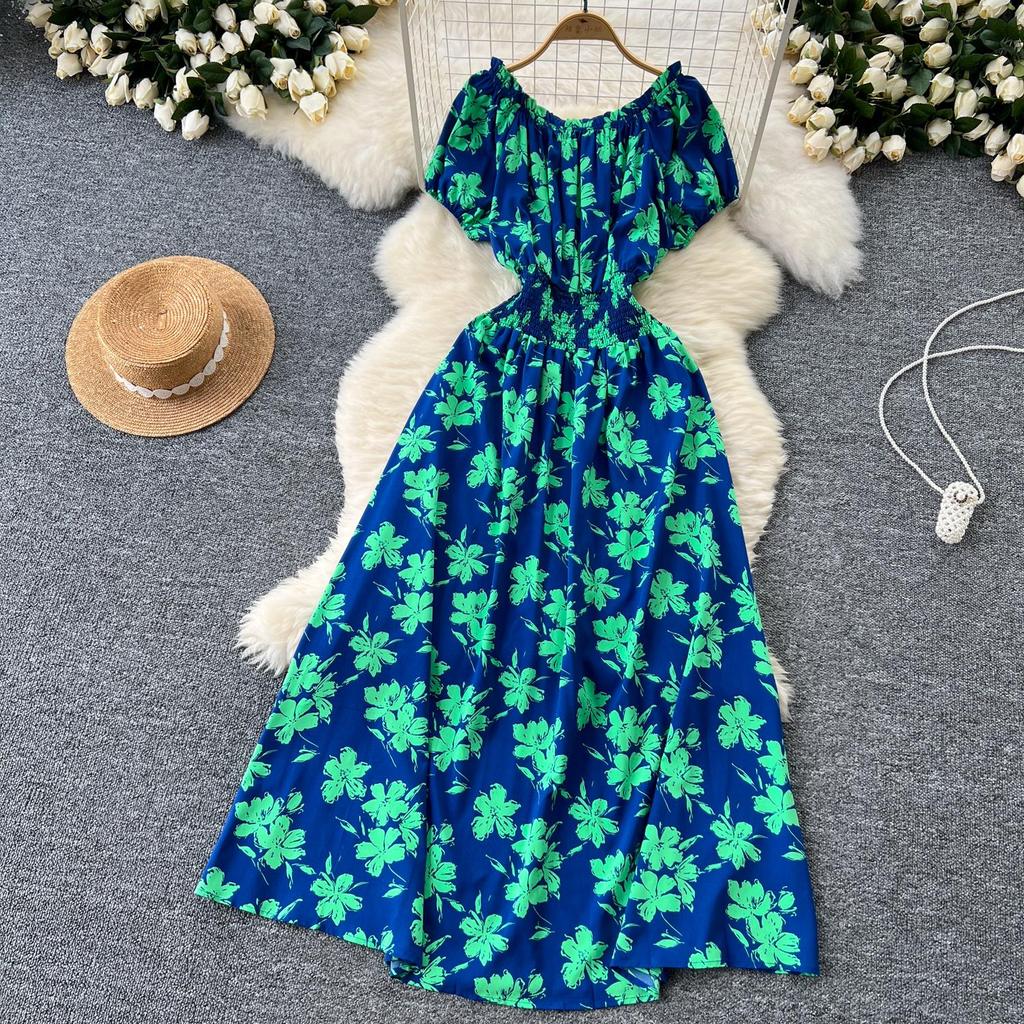 Retro Off Shoulder Dress Puff Sleeve Print Beach Vacation Women Korean Fashion Summer Vestidos Dresses