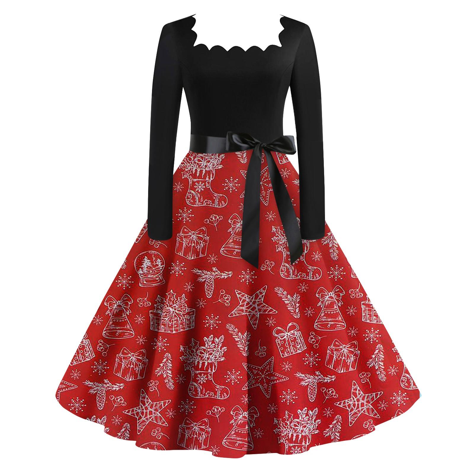 Женская мода винтаж с длинным рукавом квадратный вырез рождественский принт вечерние — фото 13