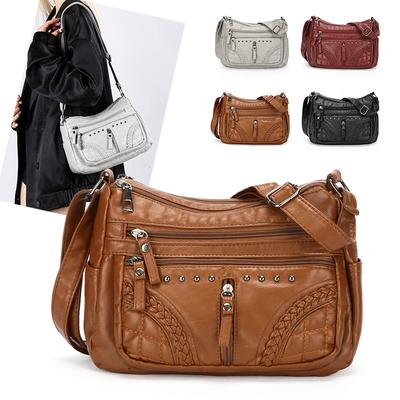 Women's Bag Soft Leather Multi-Layer Shoulder Bag Solid Color Crossbody Bag Lightweight Mother Bag