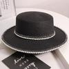 Retro pearl lace flat top straw hat women's summer outing seaside sun hat beach hat