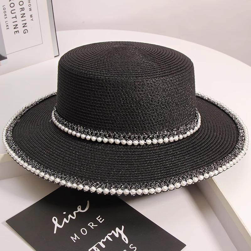 Retro pearl lace flat top straw hat women's summer outing seaside sun hat beach hat