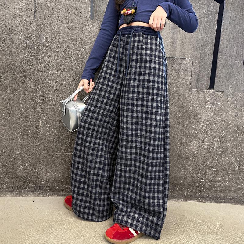 Girls' Plaid Wide-Leg Pants 2025: New Children's Loose Spring & Autumn Casual Straight-Leg Trousers for Big Kids