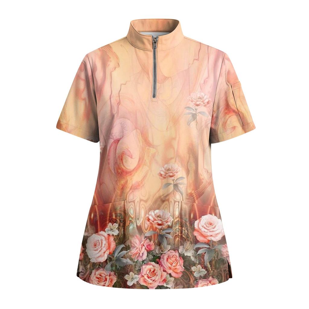 Women's Short Sleeved Printed V-neck Buttonable Side Slit Top T-shirt