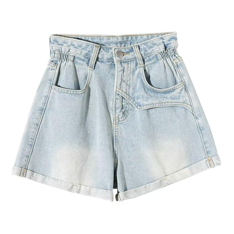 

Светлые джинсовые шорты, завитая высокая талия, свободные и тонкие, для маленьких мужчин, большой размер A Word, широкие штанины, новые модели. 3XL светло-синий