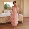 Women Fashion Backless Puff Sleeve Square Neck Long Solid Cake Dress