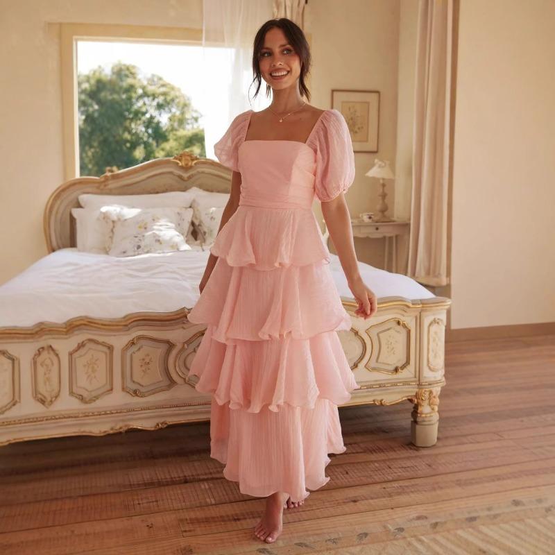 Women Fashion Backless Puff Sleeve Square Neck Long Solid Cake Dress