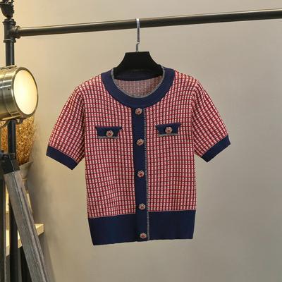 Mulheres verão nova marca design o-pescoço diamantes botão treliça malha pulôver topos retro hit cor manga curta camisola fina