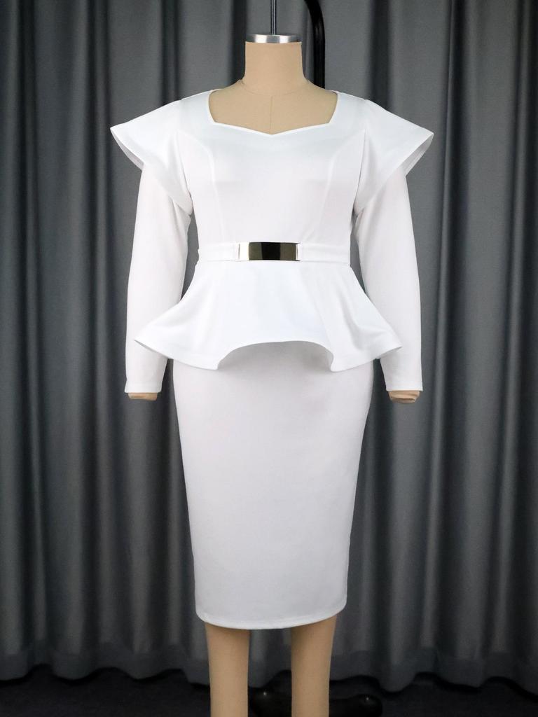 Plus Size Women's Ruffle Sleeve Two-Piece Look Waist-Cinched Dress with Metal Buckle