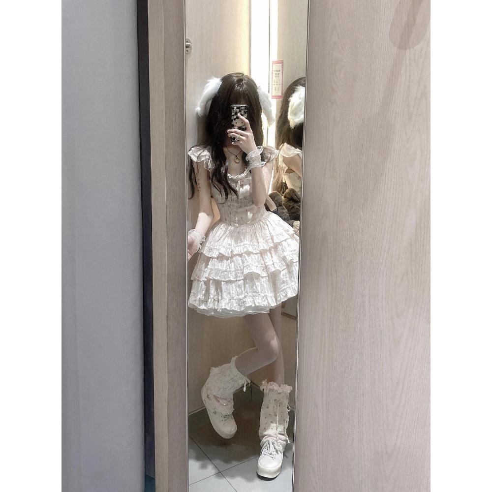 

Милое маленькое платье с цветочным принтом и рукавами-крылышками, женское летнее, маленькое, с бантом на талии, принцесса-беглянка, пышная юбка XL- (recommended 110-60kg)