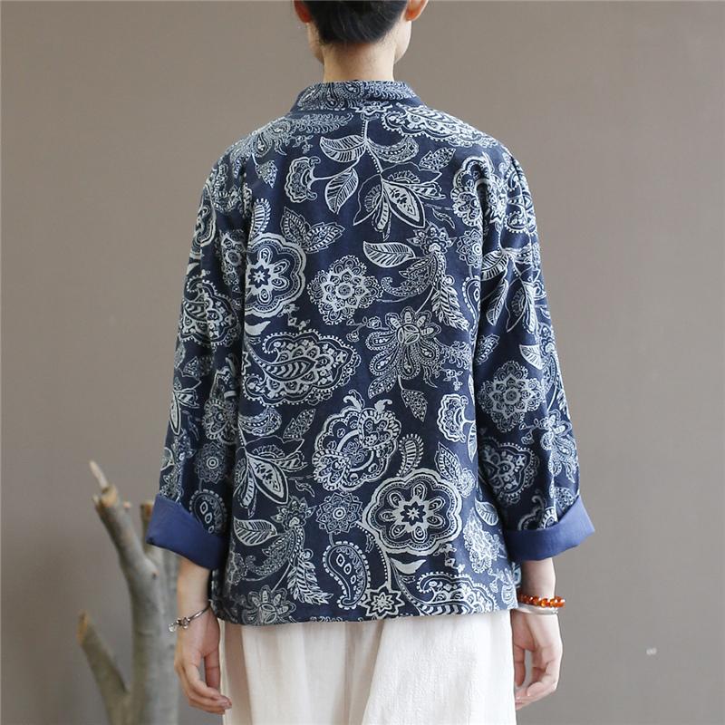 Johnature Camisas de Mujer Blusas Vintage Otoño Cuello Alto Manga Larga Tops con Botones Camisa China de Mujer