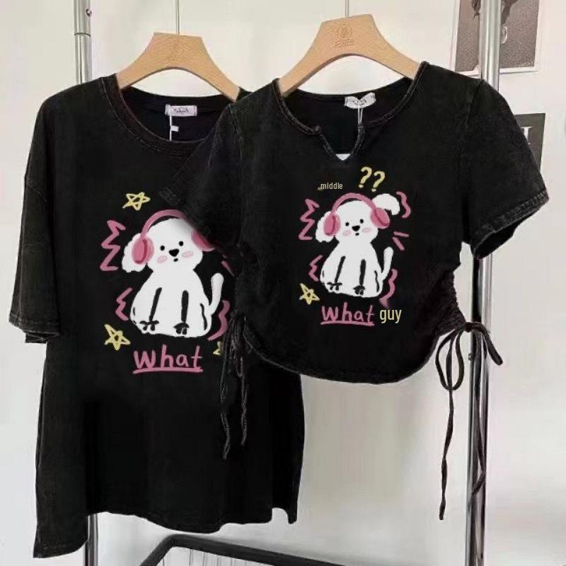 

Women s Washed Distressed Cotton Preppy T-shirt, Short Sleeve, Loose Slimming Fit, Hong Kong Casual Style Medium