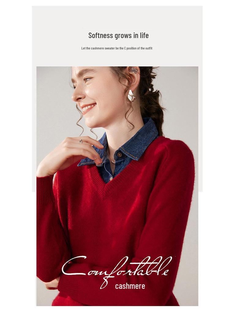 Women's V-Neck Loose Knit Cashmere Sweater - Autumn/Winter Style, Thick Long Sleeve, Slimming and Fashionable