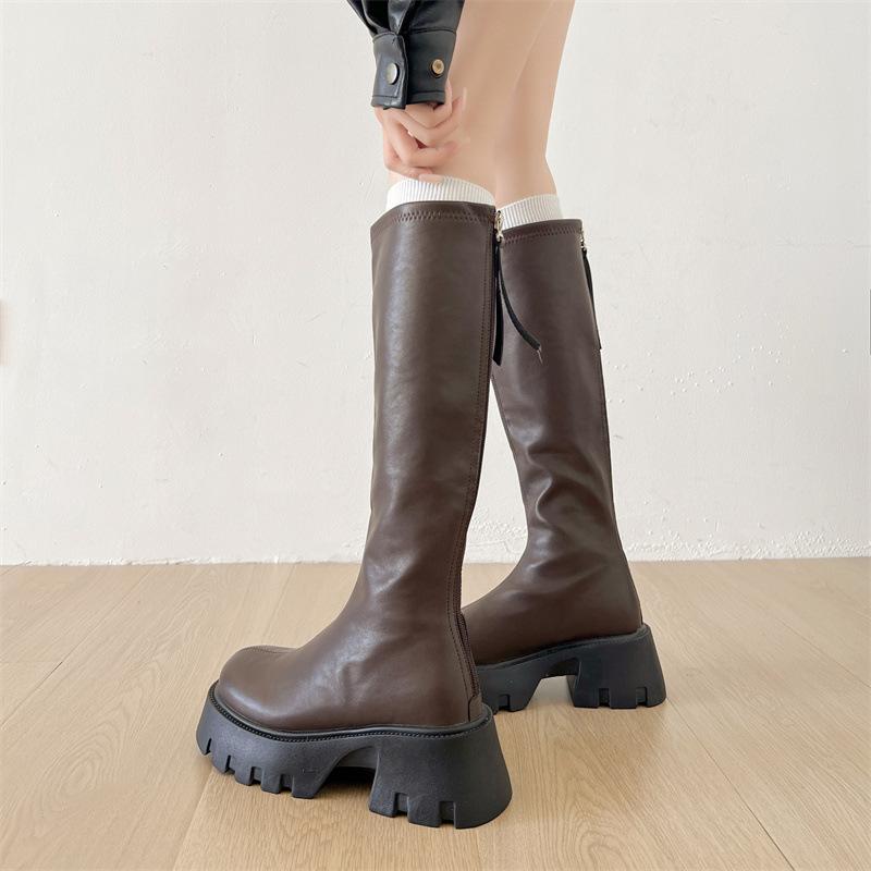British casual brown retro heightening platform boots women's 2025 new summer thick heel thin high boots