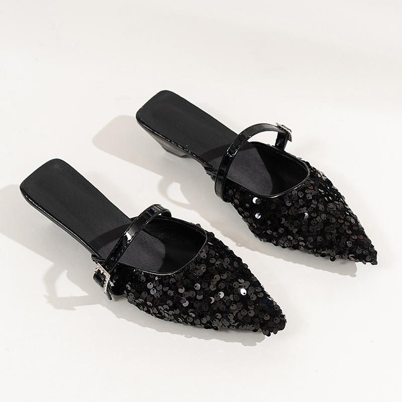 Pointed Sequin Cloth Mesh Breathable Metal Buckle with Non-slip Low Heel Sandals Spring New Bao Toe Slippers