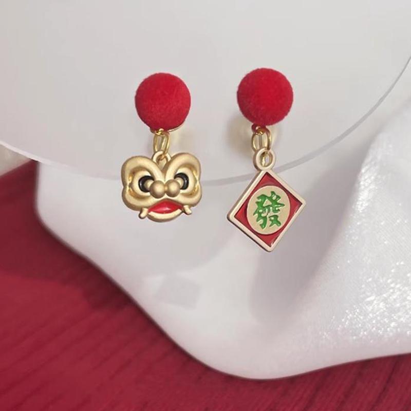 Chinese Style Red Little Lion Bell Pendant Earrings for Women The Year of The Dragon Gift New Year Festive Jewelry Gifts