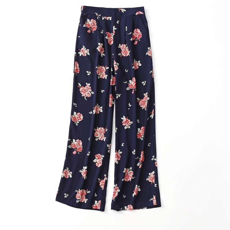 

High Quality ~ Export Export Retro Print Half Elastic Waist Loose Slim Looking Casual Pants Women s Autumn New Arrival Pants Dark Blue 12