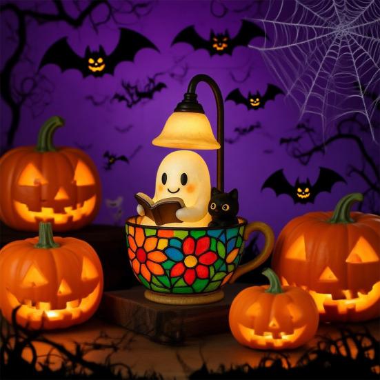 Reading Ghost Cat Night Light Halloween Black Cat White Ghost Cup Lamp Home Bedroom Kids Room Decoration Book Lovers Gift