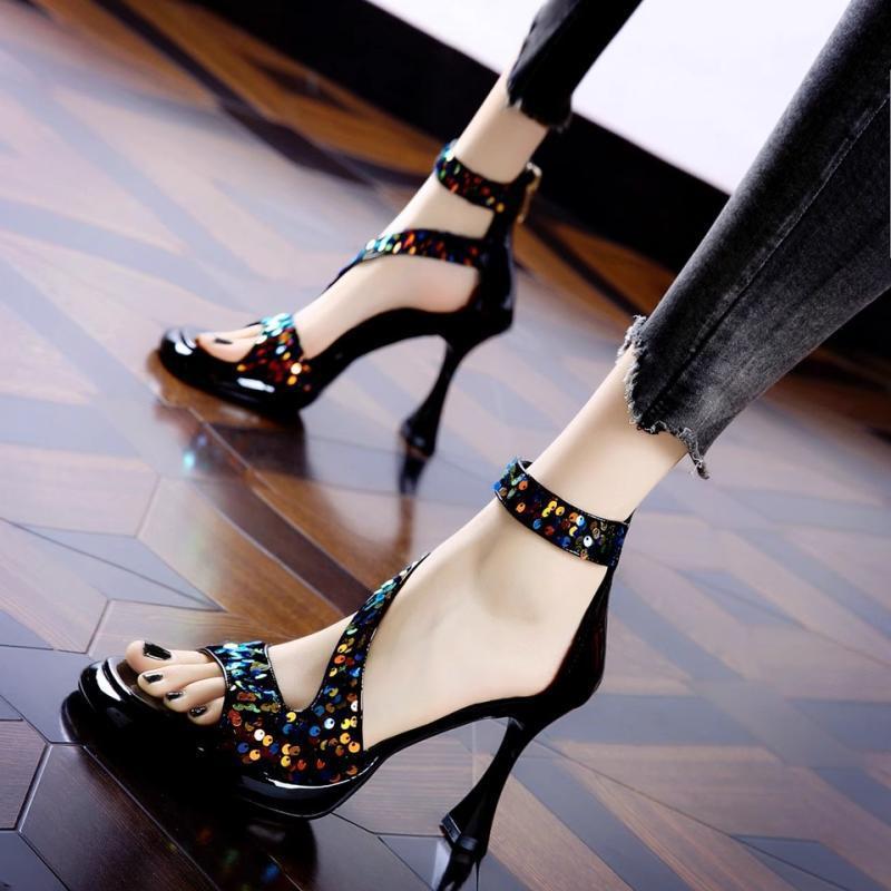 Summer 2025 new waterproof table open-toed high heels women's sequined banquet dress stiletto non-slip sandals with skirt