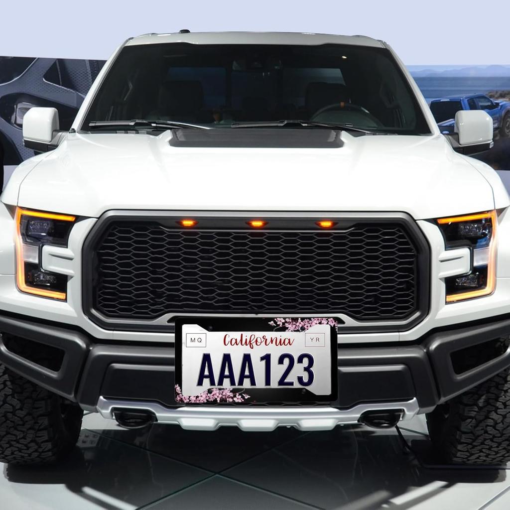 Cherry Blossom License Plate Frame Pink License Plate Cover Funny Auto Accessory Bracket Aluminum Metal Black License Plate Frames For Women Men (Set