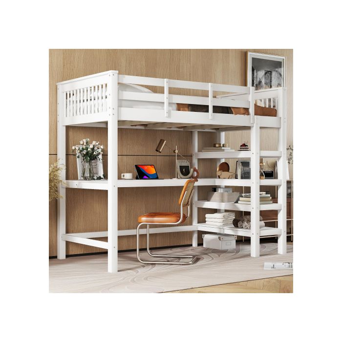 Lit Surélevé - MUVOE - 90 X 200 Cm - Bureau Intégré - Compartiments De Rangement - Blanc