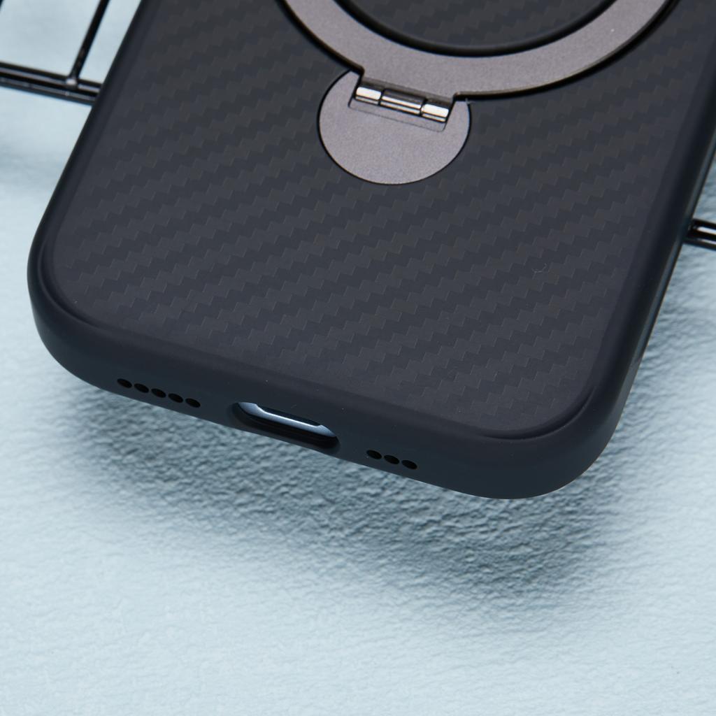 Für iPhone 15 Hülle TPU+PC Kohlefasertextur Handyhülle mit drehbarem magnetischem Ständer
