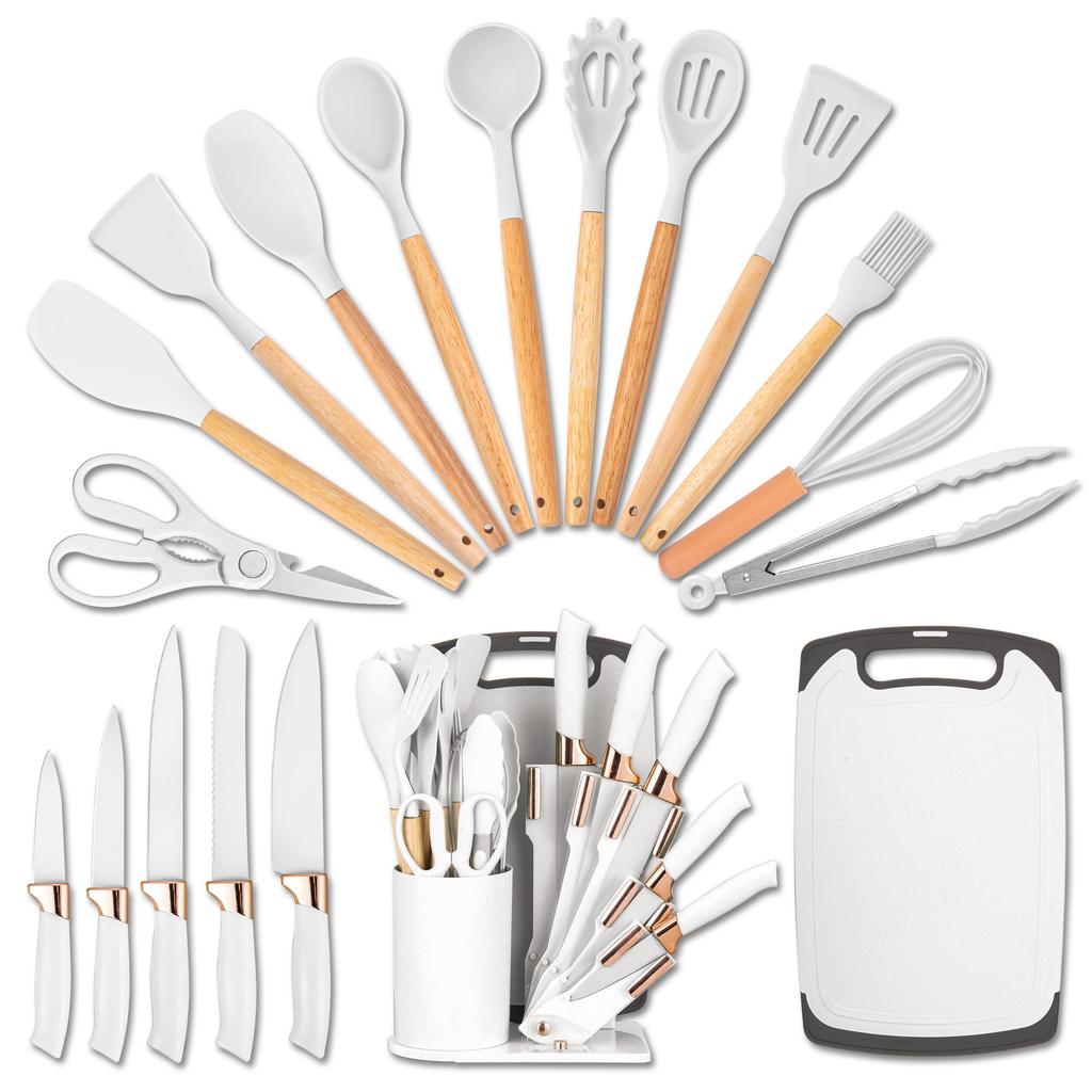 19pcs Premium Silicone Kitchen Utensil & Knife Set - Heat-Resistant, Non-Stick Safe Cooking Tools With Wooden Handles & Chef Knives