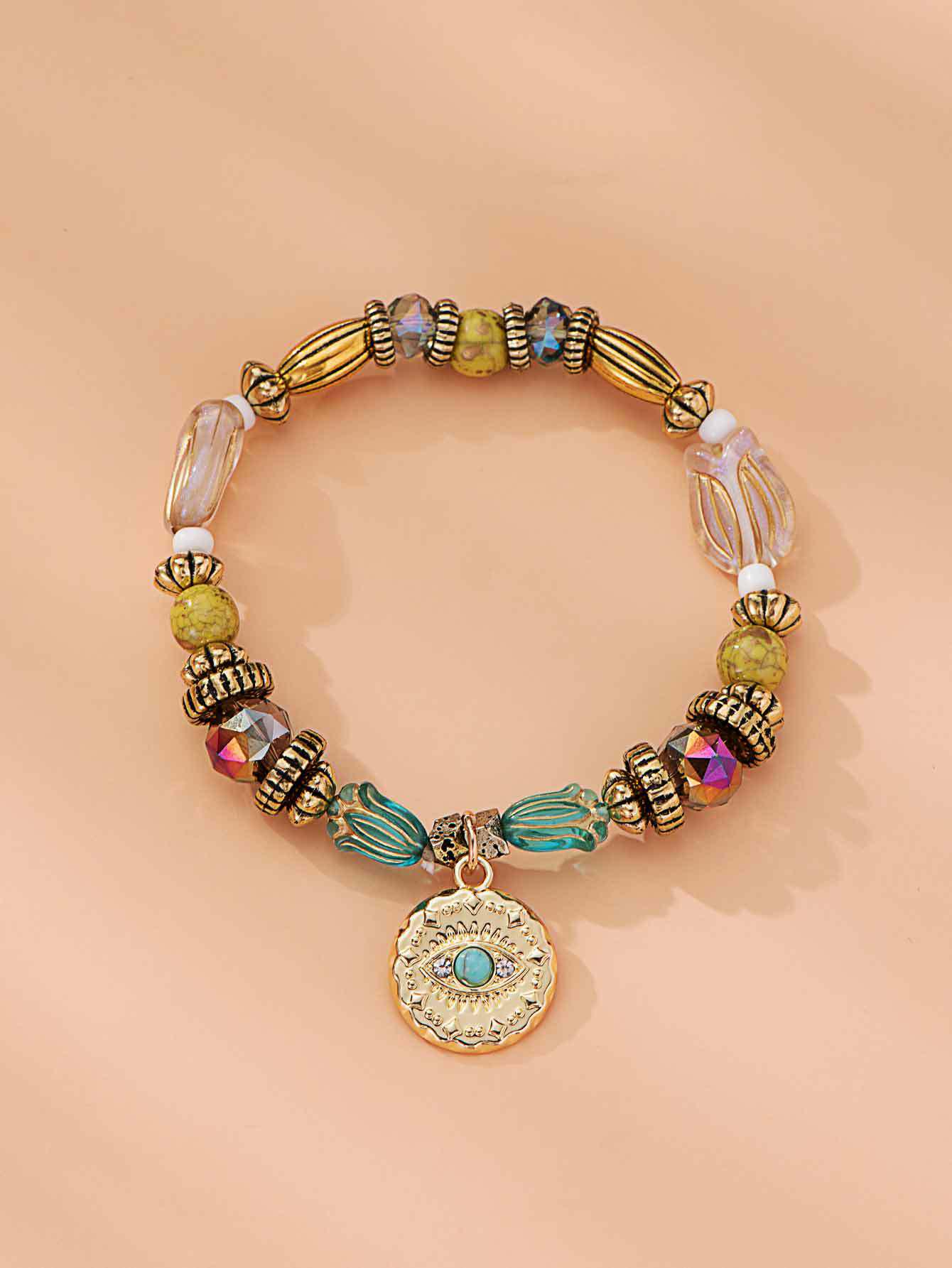 

Богемский браслет из состаренного камня с цветком и кристаллами