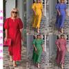 Women's Round Neck Keyhole Puff Sleeve Solid Color A-Line Midi Dress