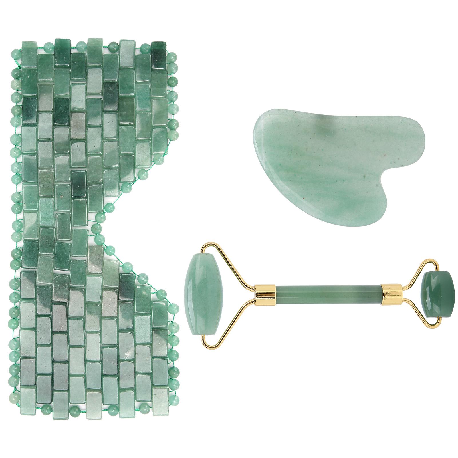 

3pcs Green Aventurine Facial Roller Gua Sha Board Therapy Blindfold Beauty Massage Tool