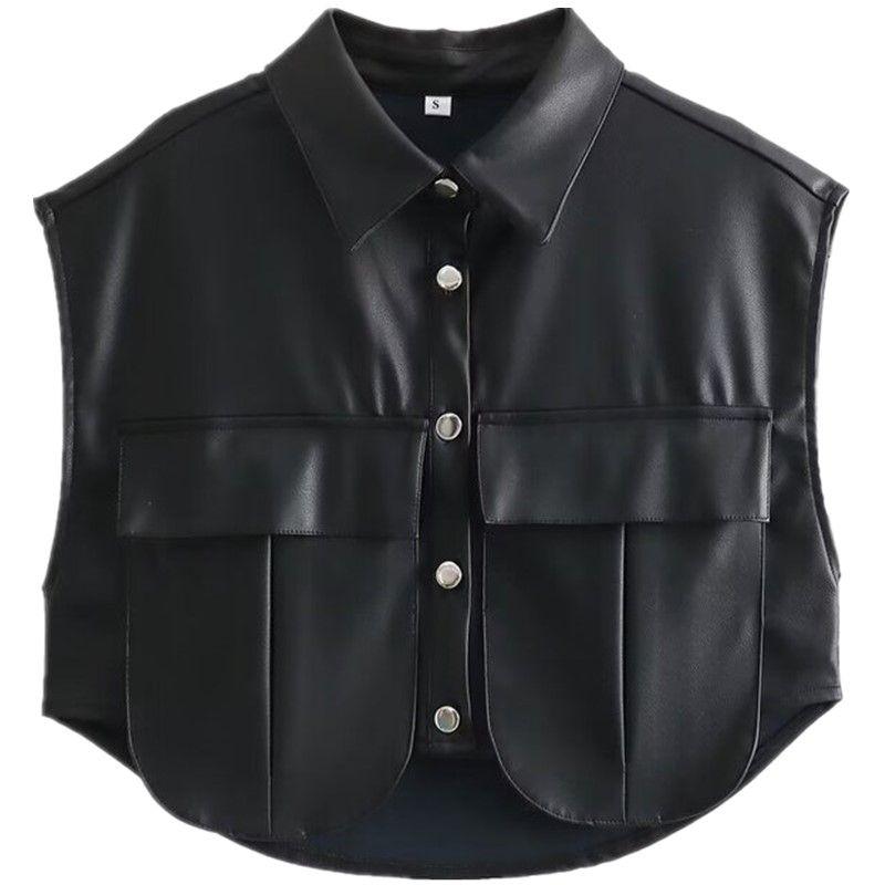 

Модный стиль 2024 Весна Новое поступление Женский Стильный Черный Легче всего сочетать Пу Декоративные кожаные короткие топы с двойным карманом Black S