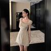 Summer square collar floral bubble sleeve dress women's small temperament French gentle waist and thin A-word short skirt
