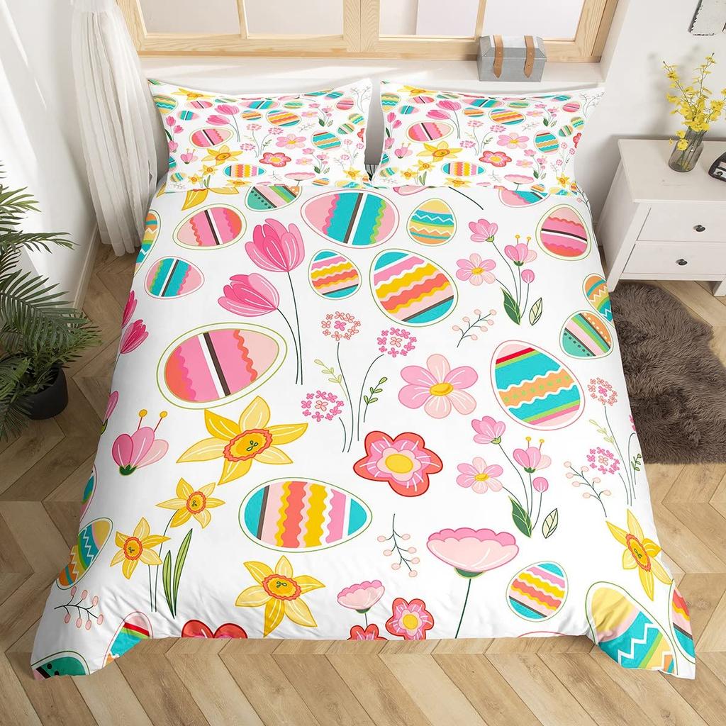 Watercolor Easter Eggs King Queen Bedding Set Happy Easter Themed Duvet Cover Toddlers Rainbow Easter Egg Polyester Quilt Cover