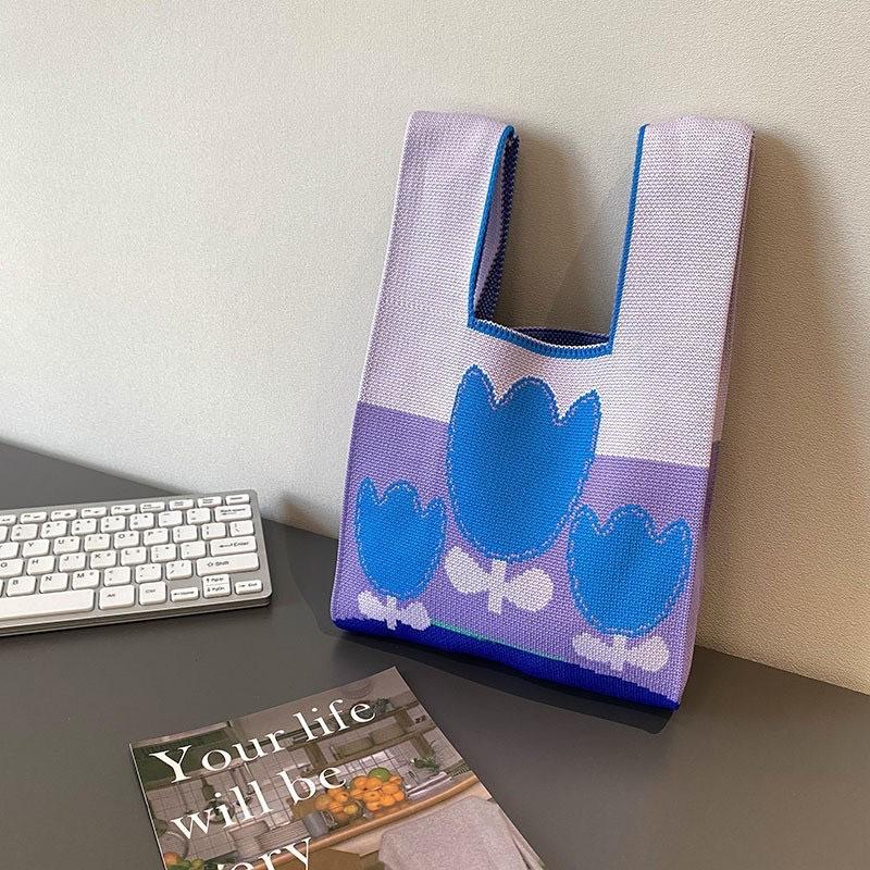 Women's Knot Wrist Bag Handmade Knitted Bag Portable Mini Striped Tote Bucket Phone Bags Large Capacity Autumn Winter Handbags