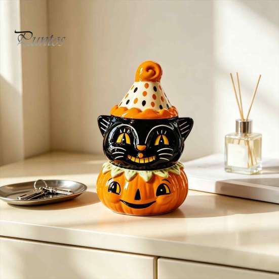 Wasserdichte Schreibtischstatue Halloween Schwarze Katze Kürbis Figur, Süß Gruselig für Innen Kamin Deko Harz für Zuhause Party Regal Kamin Tischplatte
