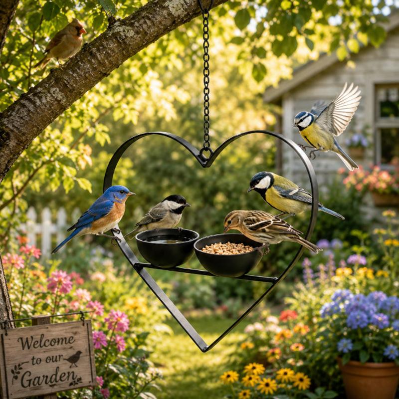 Decorative Heart-Shaped Outdoor Hanging Bird Feeder with Two Bowls